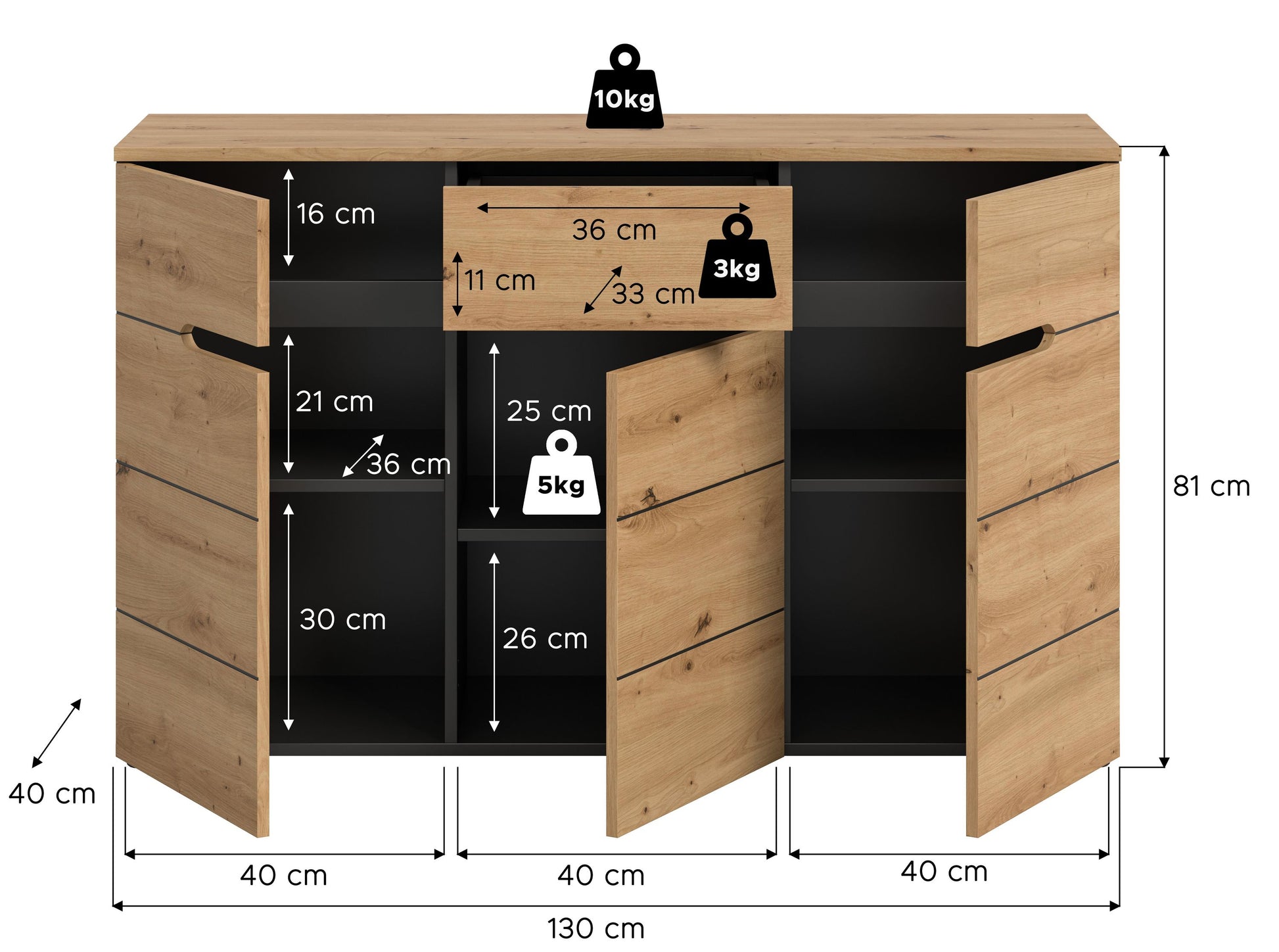 Holzoptik-Kommode mit Maßangaben, geöffneten Türen und schwarzen Griffen