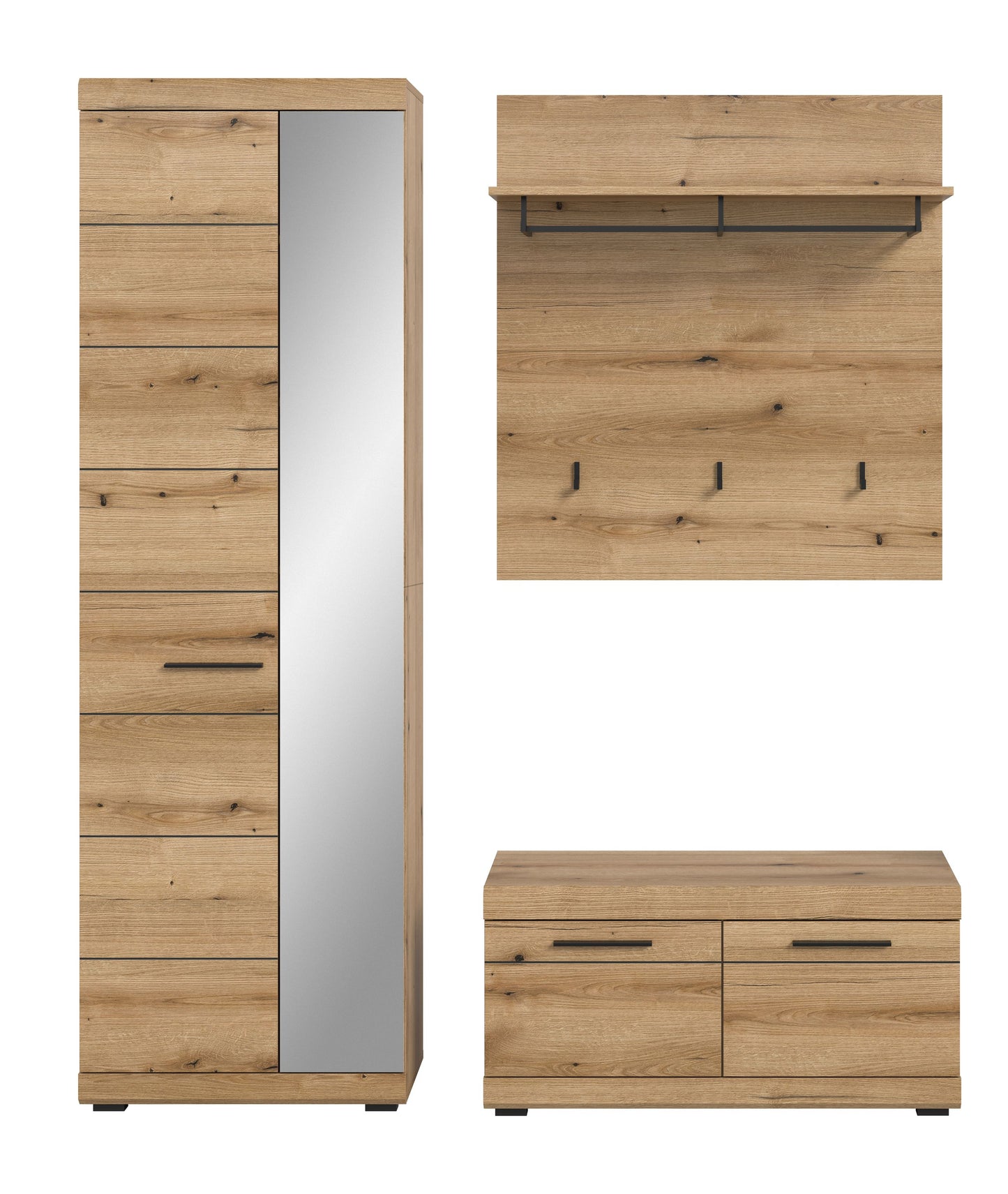 Garderobenset-Variante: Spiegelschrank, Wandpaneel mit Ablage und Haken sowie Garderobenbank, naturholz