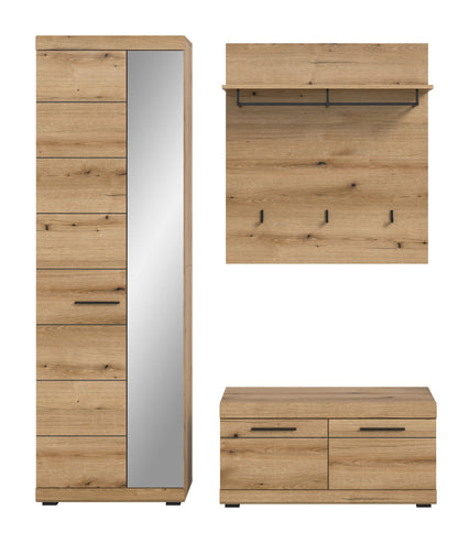 Garderobenset-Variante: Spiegelschrank, Wandpaneel mit Ablage und Haken sowie Garderobenbank, naturholz