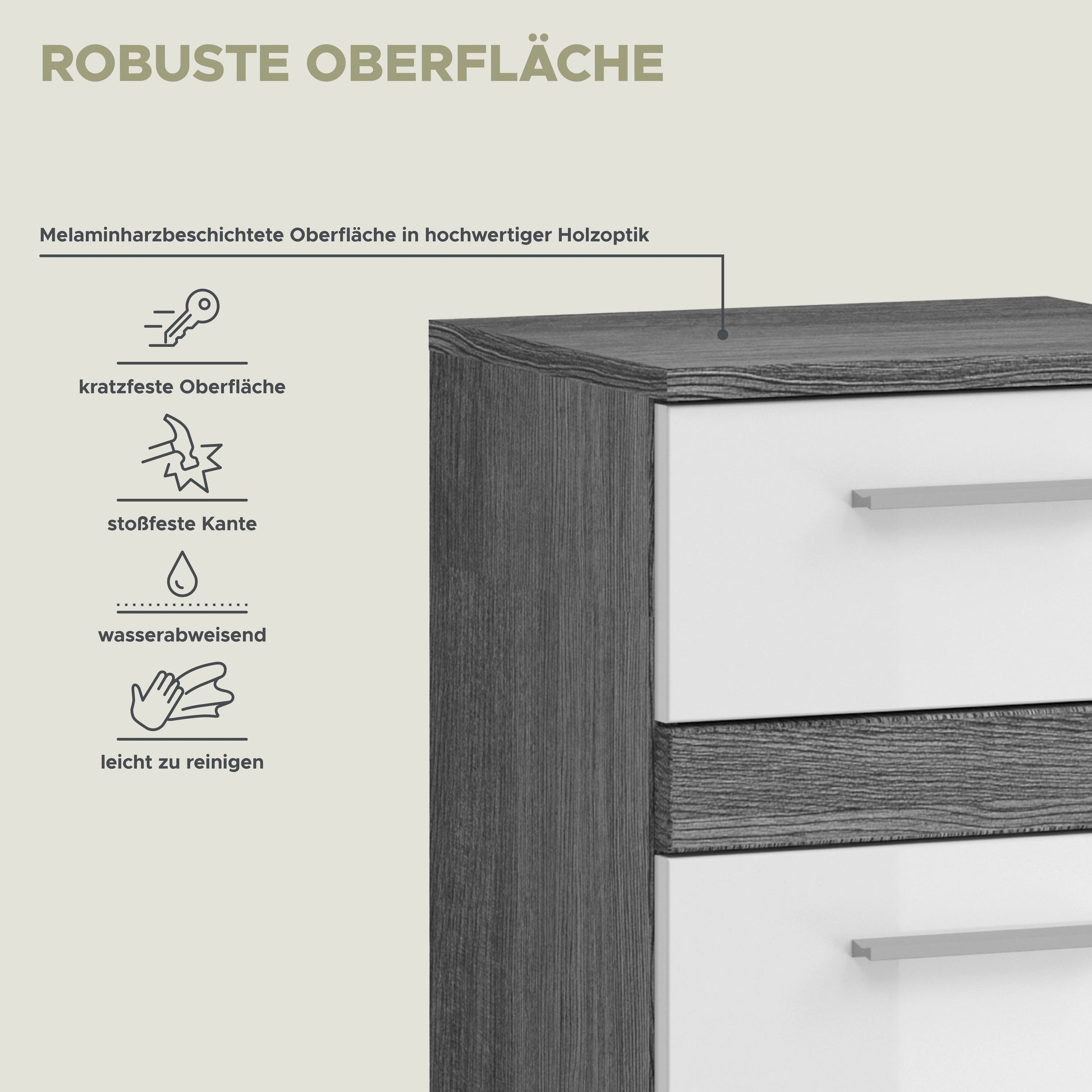Badezimmer-Kommode mit Hochglanz-Oberfläche, weißes Frontpanel und graues Dekor