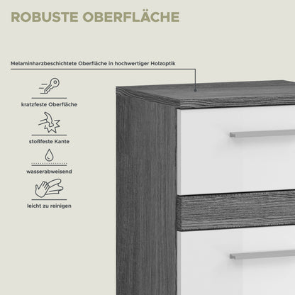 Badezimmer-Kommode mit Hochglanz-Oberfläche, weißes Frontpanel und graues Dekor
