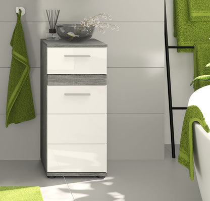 Weiße Badezimmer-Kommode mit Hochglanz, Schublade oben und grauem Mittelteil