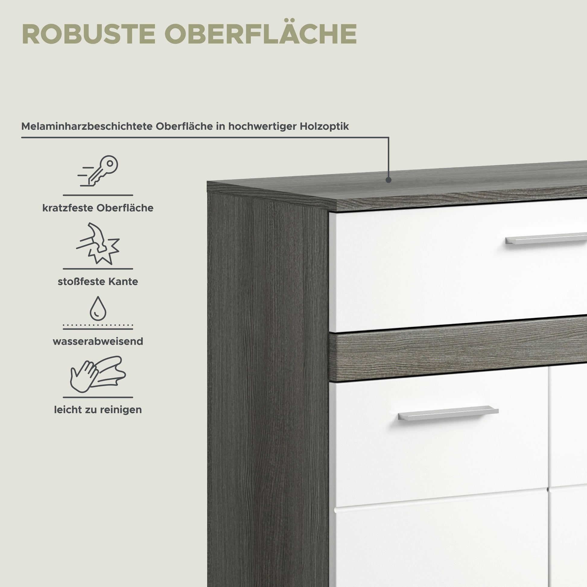Detailansicht der Badezimmer-Kommode: robuste Oberflächenoptik, dunkle Seitenkante und weißes Fach