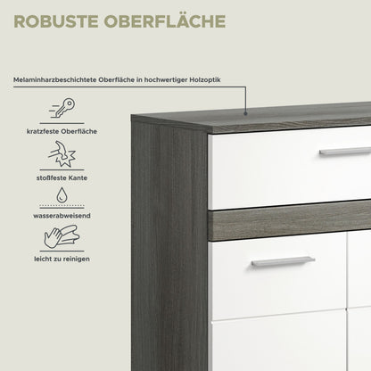 Detailansicht der Badezimmer-Kommode: robuste Oberflächenoptik, dunkle Seitenkante und weißes Fach