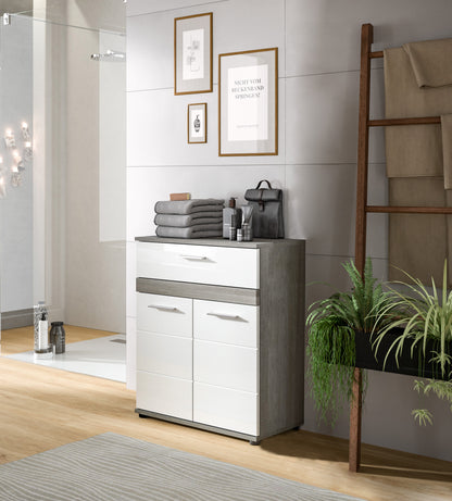 Badezimmer-Kommode mit weißem Hochglanz-Fronten, Schublade und zwei Türen, anthrazitfarbenen Seiten