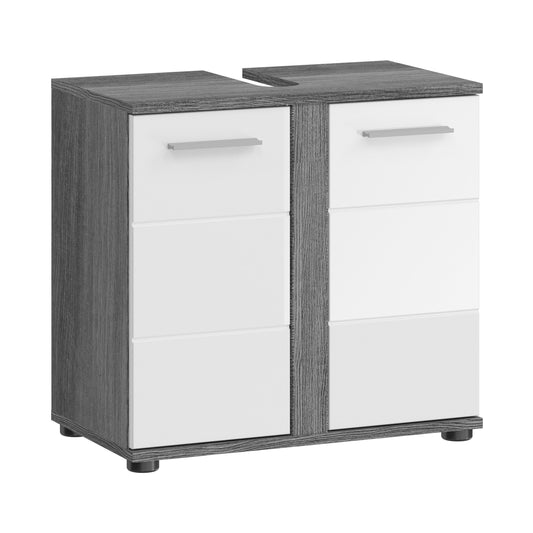 Waschbeckenunterschrank im Blickwinkel, weißes Frontpanel, graue Seiten, zwei Türen