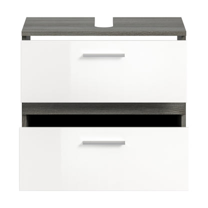 Waschbeckenunterschrank mit zwei Schubladen, weiße Front, graue Oberkante und Griffleisten