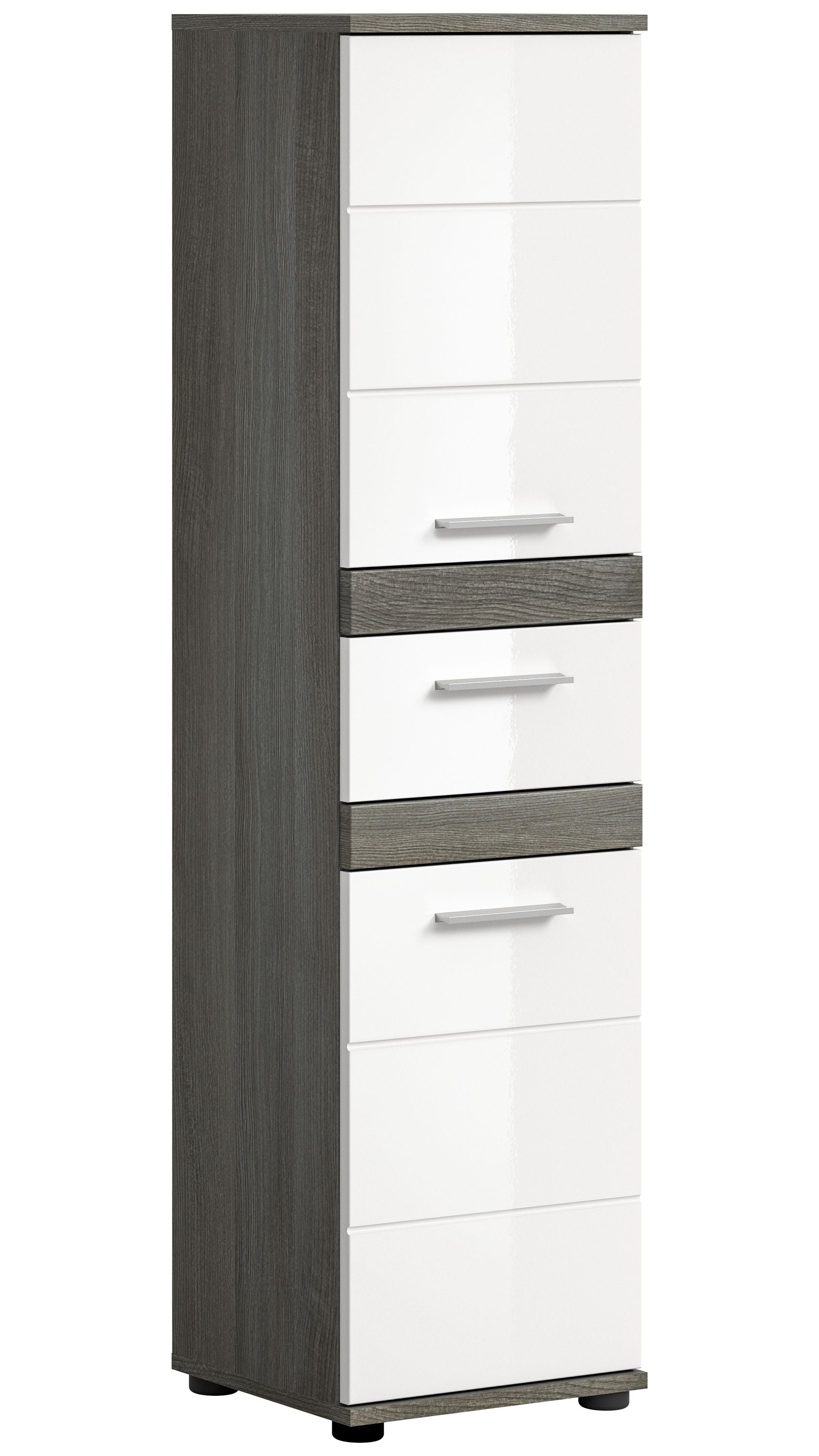 Badhochschrank mit weißem Hochglanz und Rauchsilber-Einsätzen, mehrere Schubladen