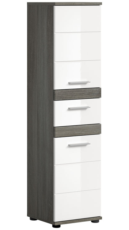 Badhochschrank mit weißem Hochglanz und Rauchsilber-Einsätzen, mehrere Schubladen
