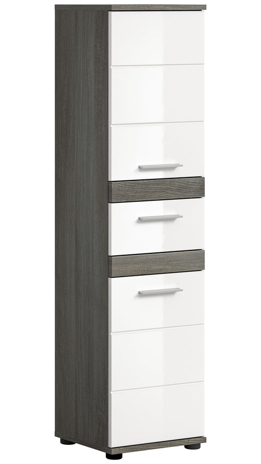 Badhochschrank mit weißem Hochglanz und Rauchsilber-Einsätzen, mehrere Schubladen