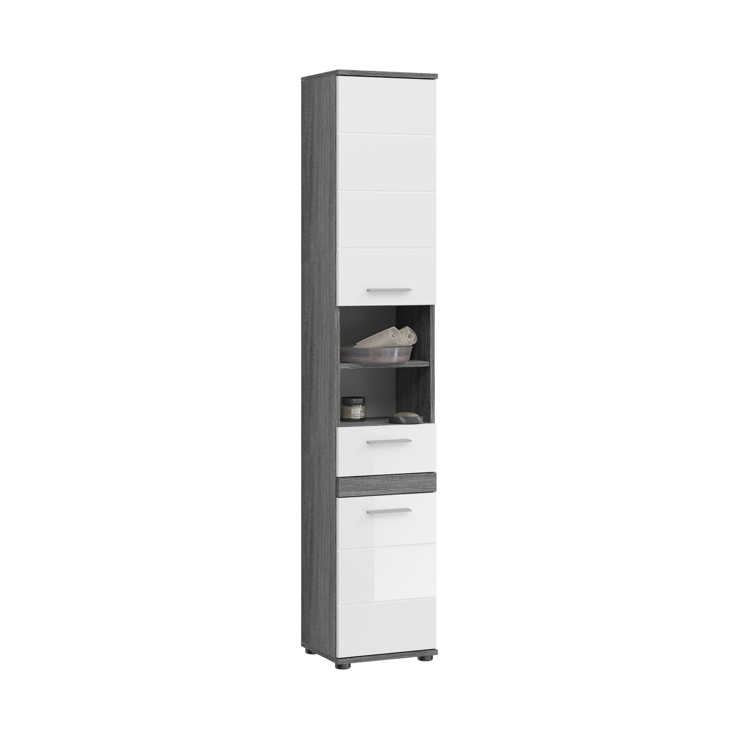 Badhochschrank mit offenen Regalfächern und zwei Schubladen, weiß und Rauchsilber