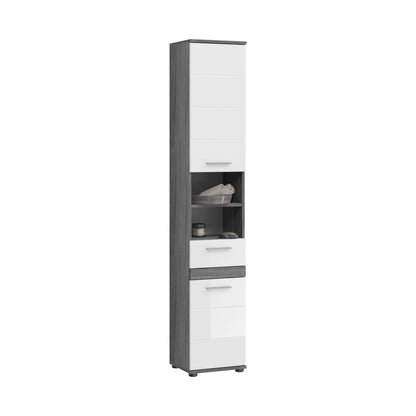 Badhochschrank mit offenen Regalfächern und zwei Schubladen, weiß und Rauchsilber