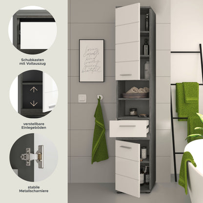 Badhochschrank mit Schubkästen und verstellbaren Einlegeböden, weißer Hochglanz
