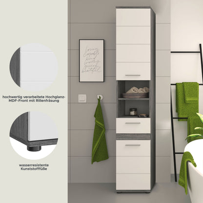 Badhochschrank mit Hochglanzfront aus MDF, weiß und Rauchsilber Seiten, schmal