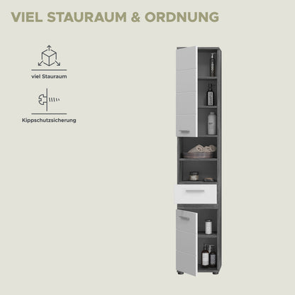 Badhochschrank mit Innenregalen und Schubladen, weißer Hochglanz, Rauchsilber