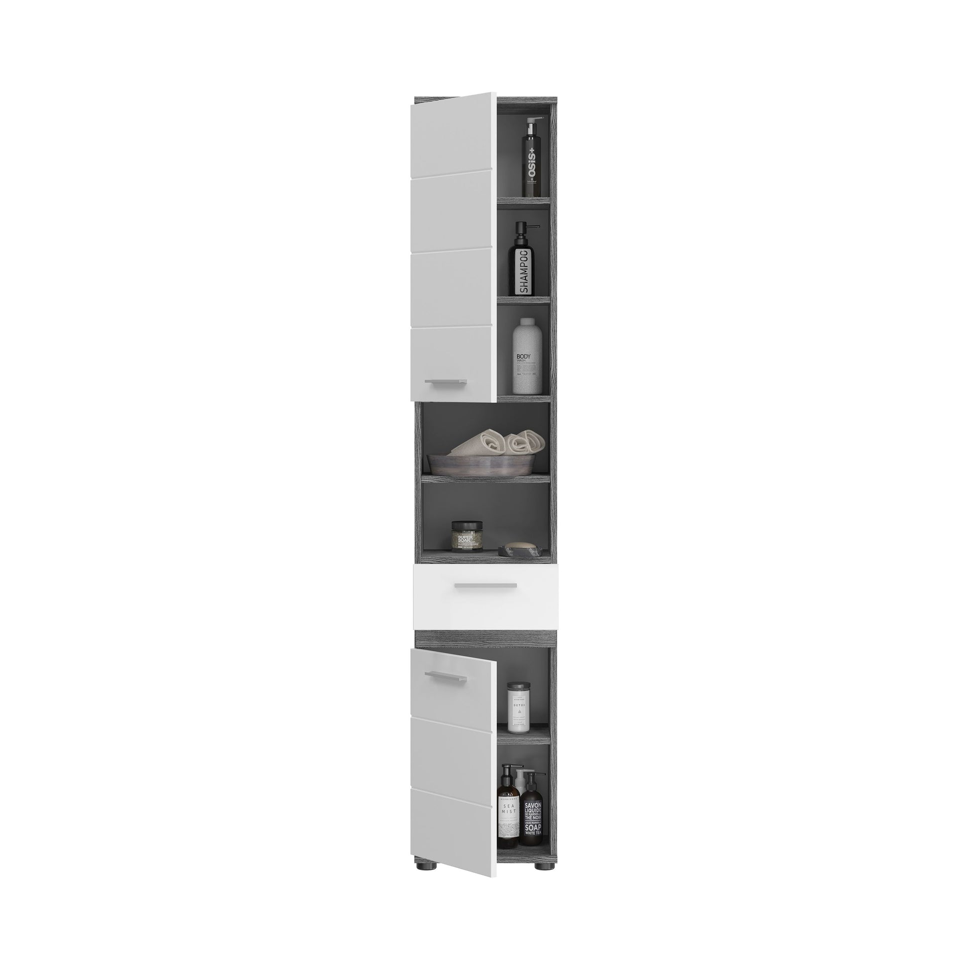 Badhochschrank mit offenen Fächern, Schubladen und Regalböden, weiß, Rauchsilber