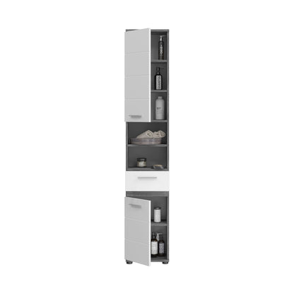 Badhochschrank mit offenen Fächern, Schubladen und Regalböden, weiß, Rauchsilber