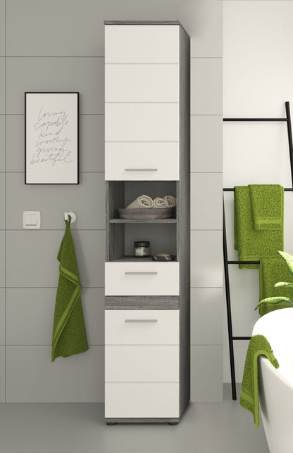 Homes & Jones Badhochschrank mit geöffneten Fächern und Schubladen, weiß, Rauchsilber
