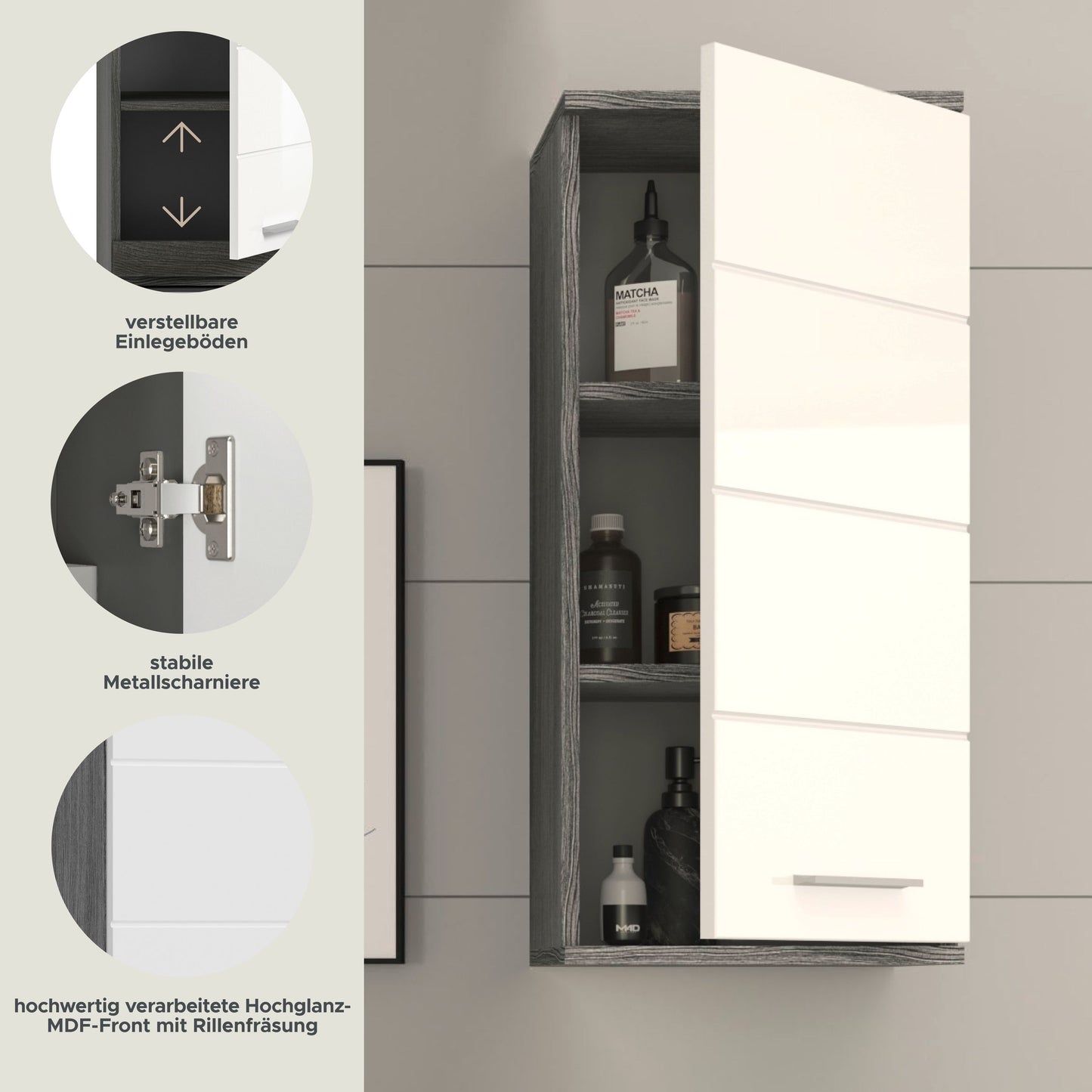 Homes & Jones Badezimmer-Hängeschrank, weiß hochglänzend, mit offenen Fächern, Rauchsilber-Korpus