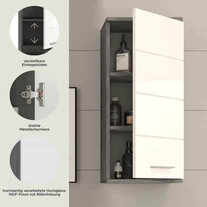 Homes & Jones Badezimmer-Hängeschrank, weiß hochglänzend, mit offenen Fächern, Rauchsilber-Korpus