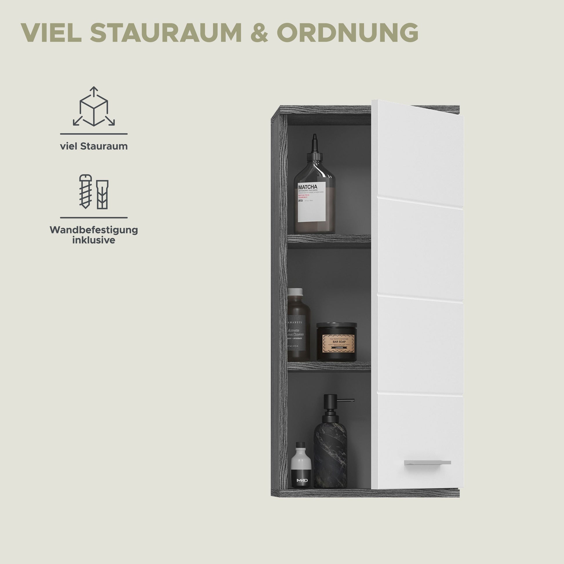 Homes & Jones Badezimmer-Hängeschrank mit mehreren Fächern, weiß hochglänzend, Griff