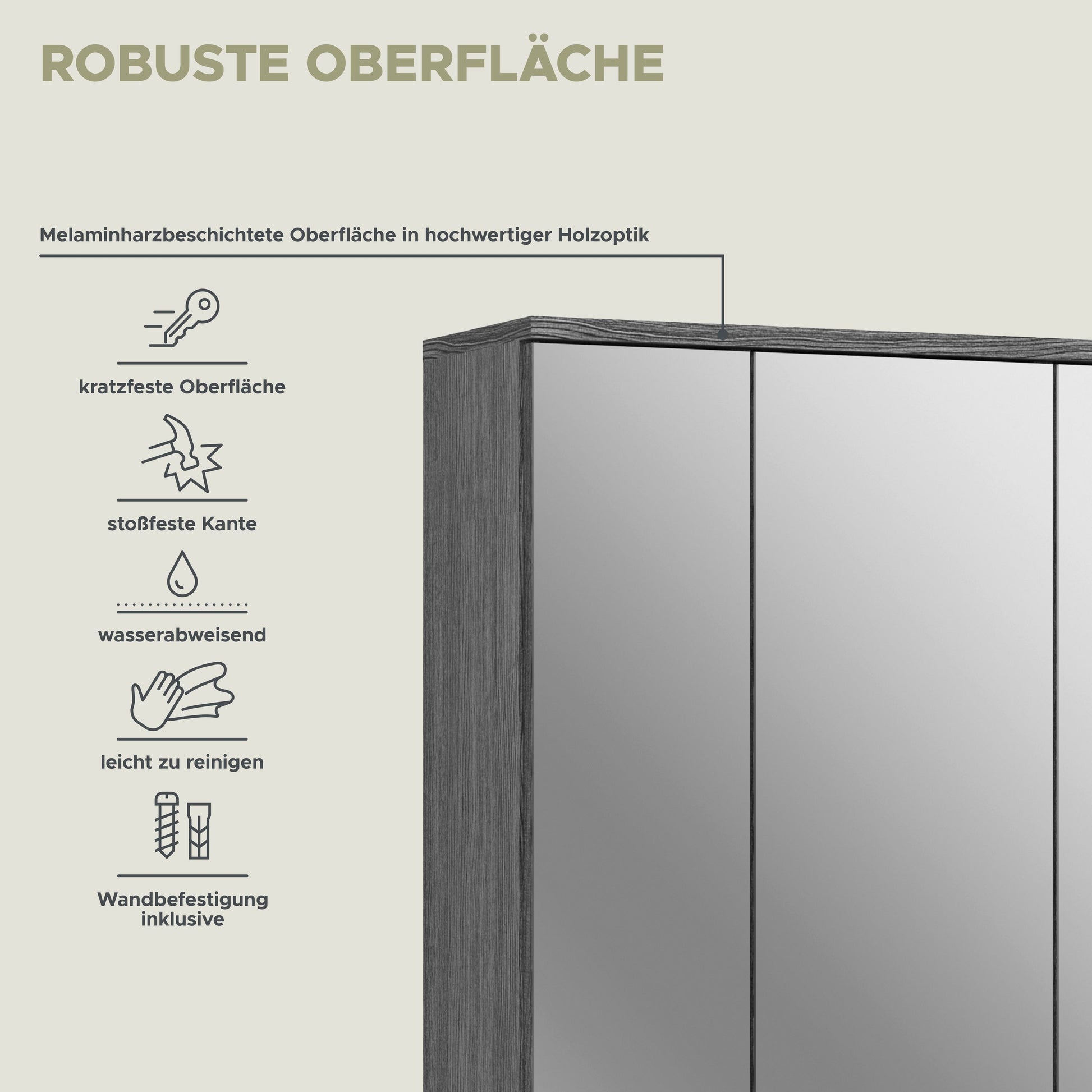 Badspiegelschrank: robuste, leicht zu reinigende Oberfläche mit wasserabweisenden Eigenschaften