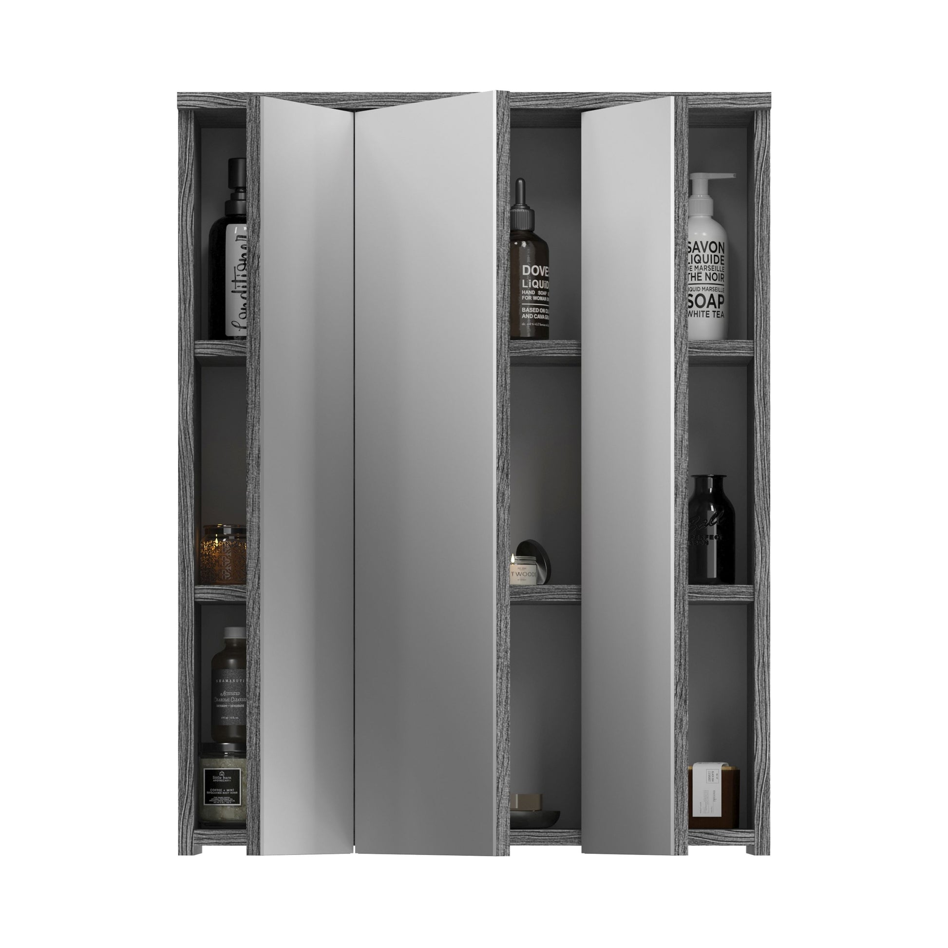 Badspiegelschrank mit 3 Spiegeltüren geöffnet, mit Innenfächern und Ablagen