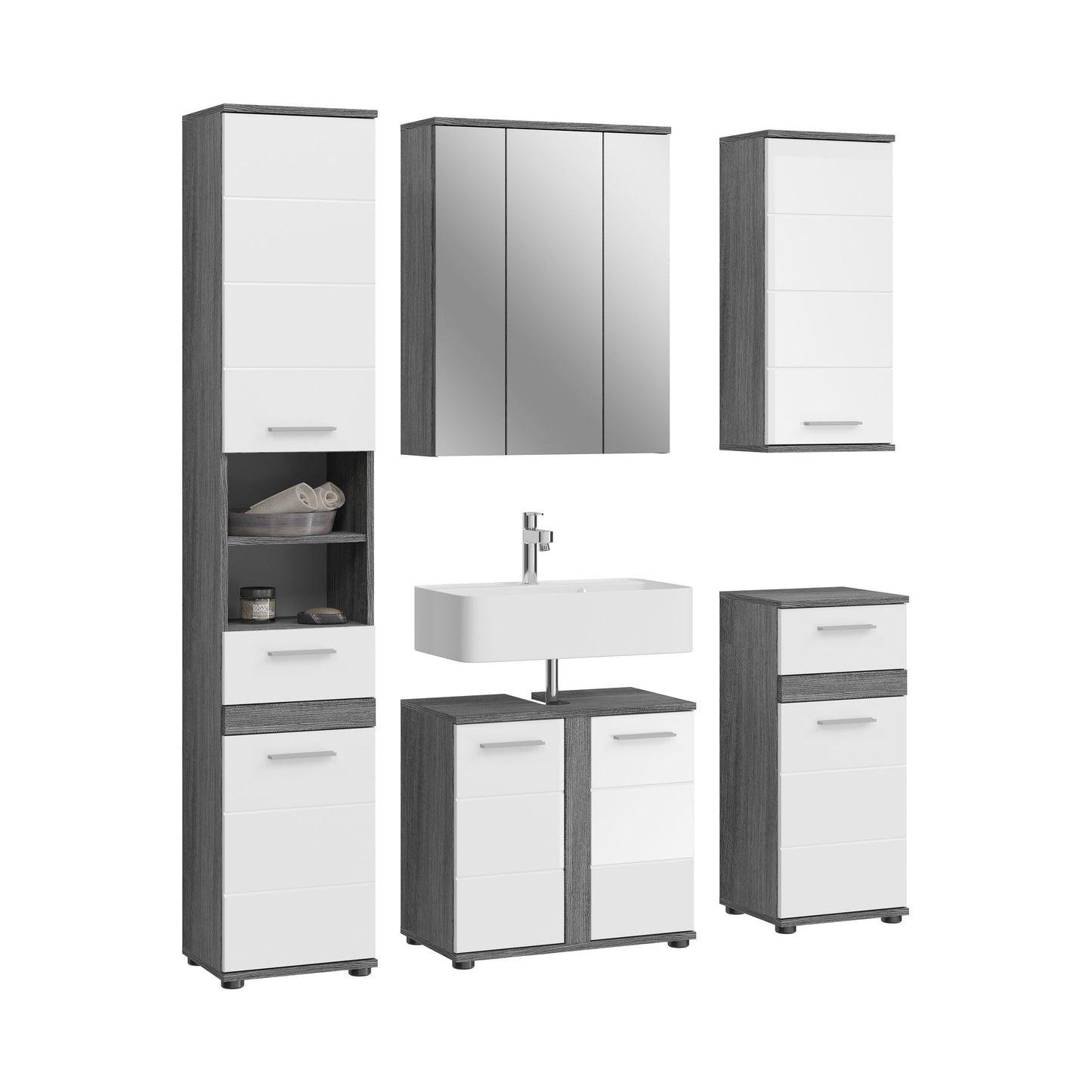 5-teiliges Badmöbel-Set mit Waschbecken, Spiegel- und Hochschränken in Hochglanzoptik