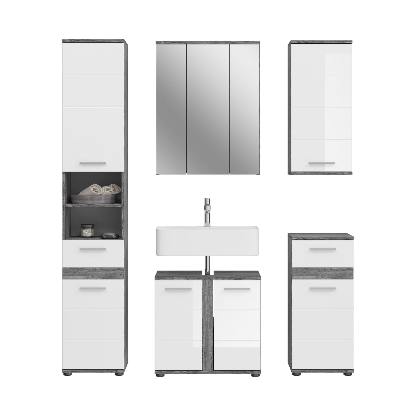 Badmöbel-Set mit drei Hochschränken, Spiegelschrank und zwei Unterschränken zum Waschtisch