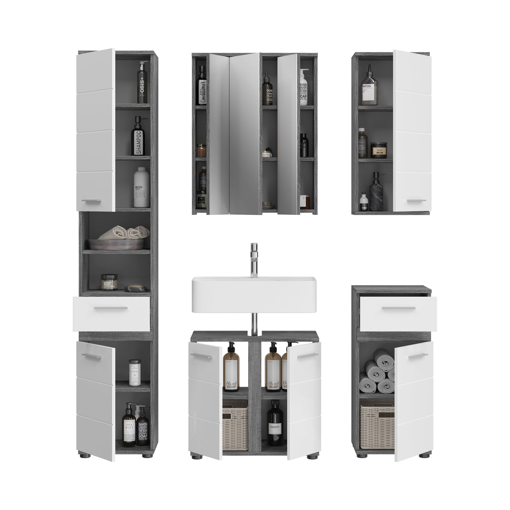 Badmöbel-Set mit Spiegelschrank, weißem Waschbecken und Seitenschränken mit Einlegeböden