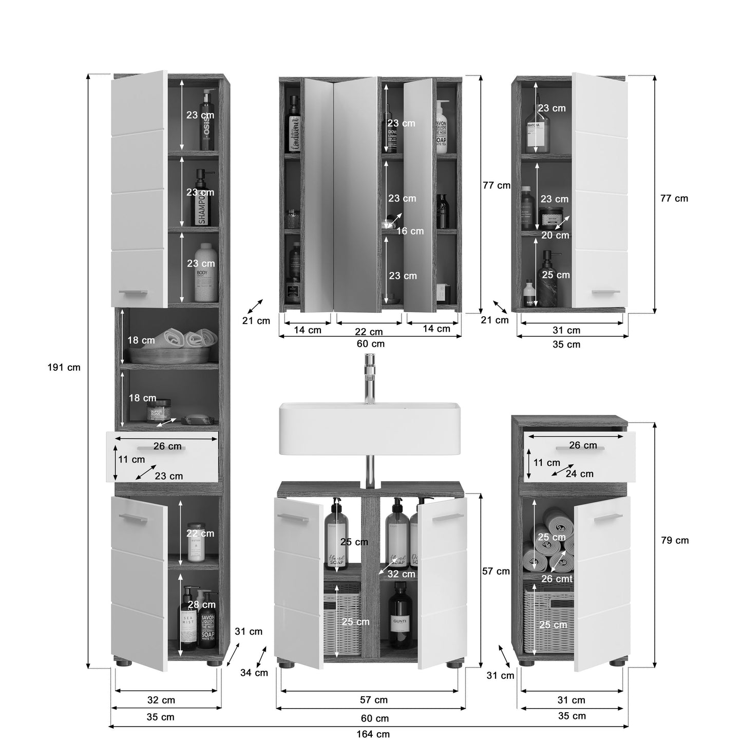 Badmöbel-Set Frontansicht mit Spiegelschrank, Waschbecken und seitlichen Hochschränken