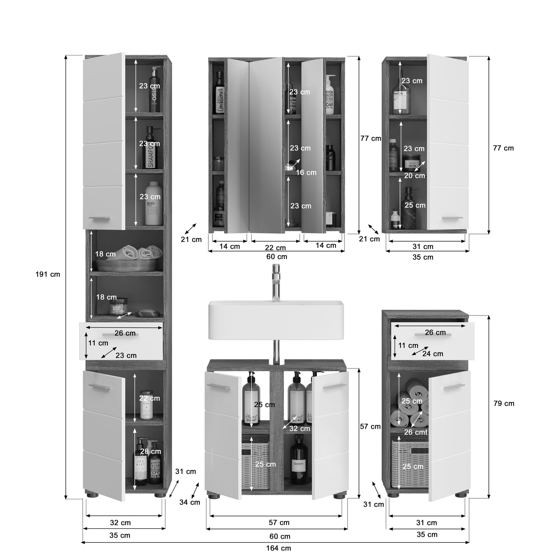 Badmöbel-Set Frontansicht mit Spiegelschrank, Waschbecken und seitlichen Hochschränken