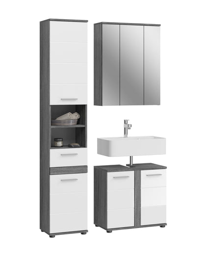 Badmöbel-Set mit Spiegel, Waschtischunterschrank und Hochschrank, Hochglanzfronten in Weiß
