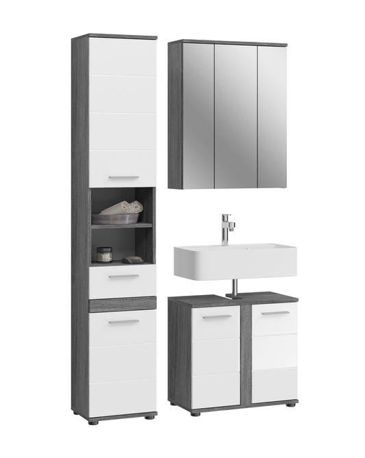 Badmöbel-Set mit Spiegel, Waschtischunterschrank und Hochschrank, Hochglanzfronten in Weiß