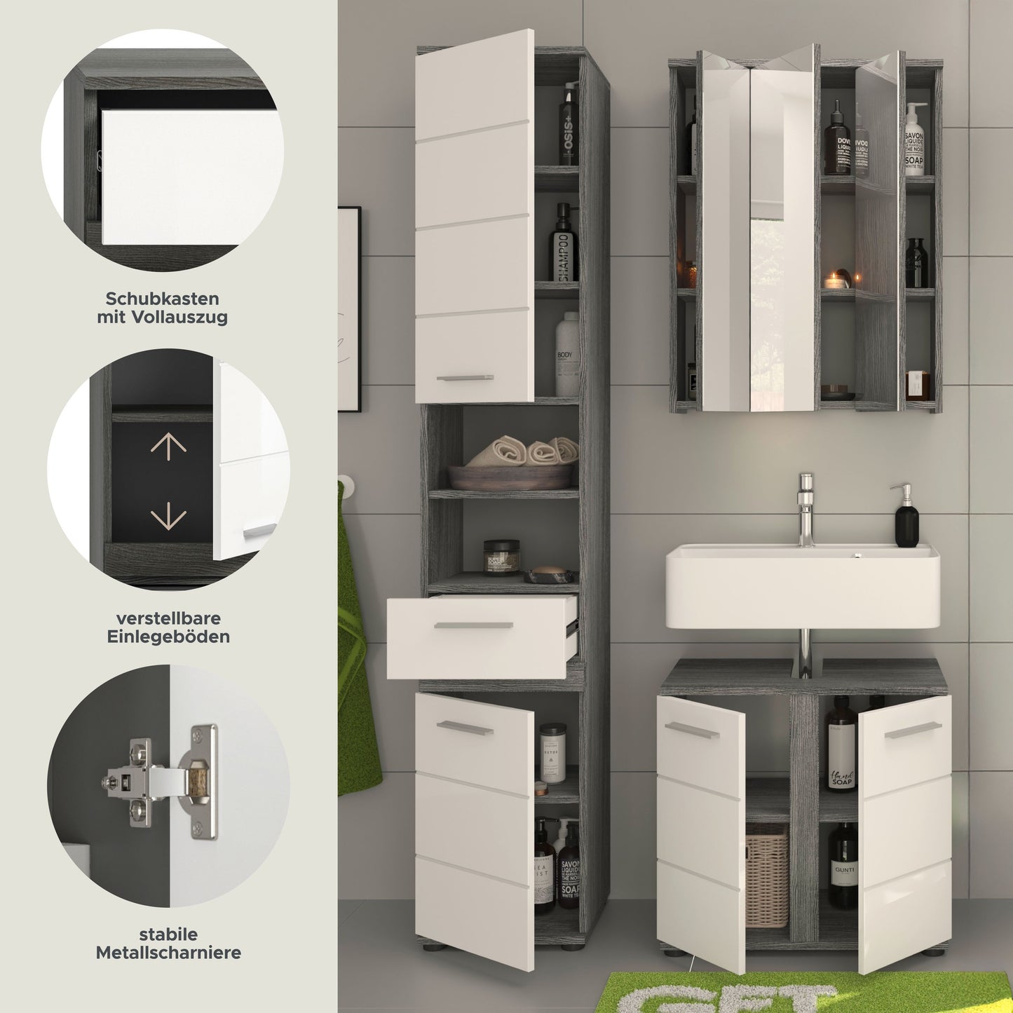 Badmöbel-Set mit Hochschrank, Waschtisch und Spiegel; Schubfach und offene Fächer sichtbar