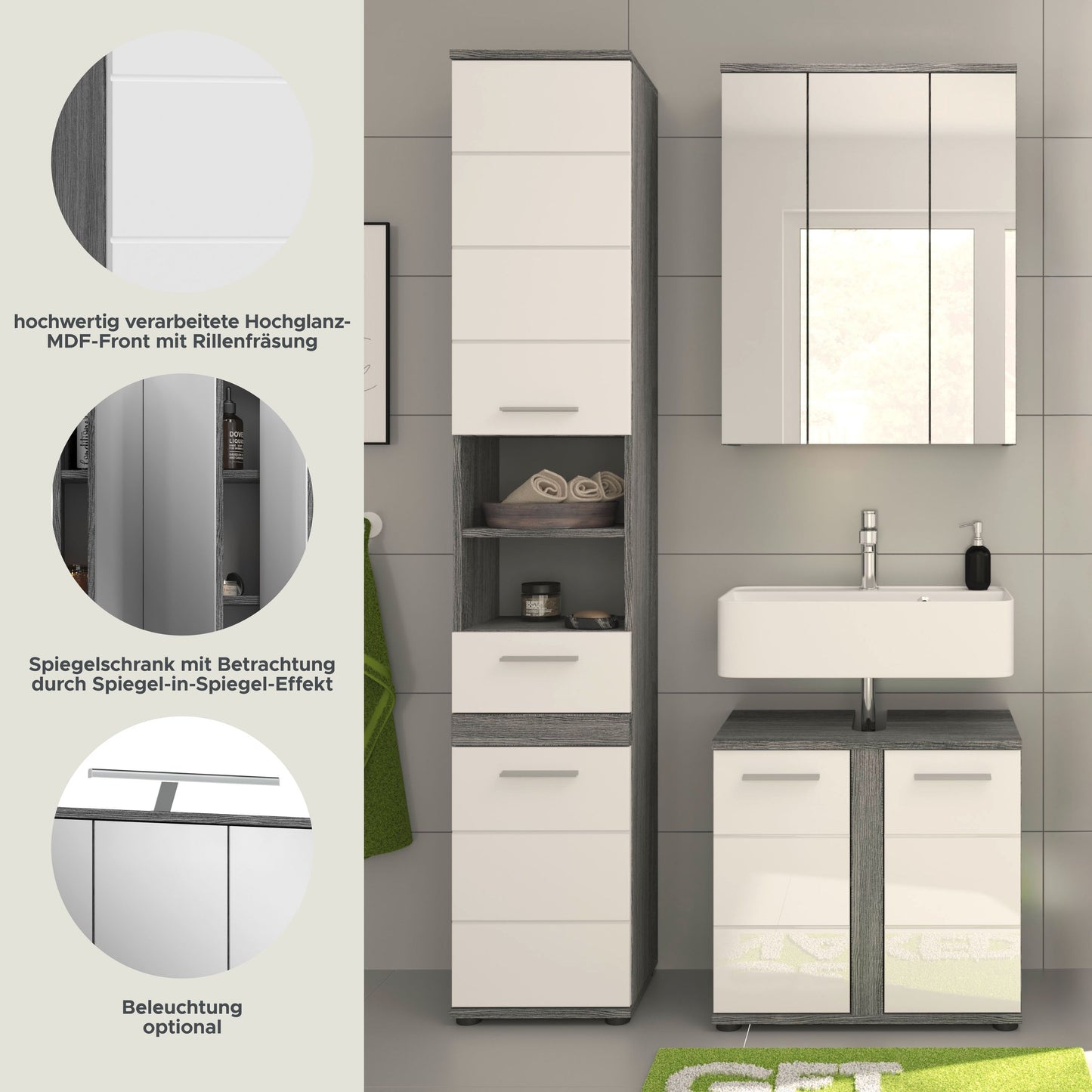 Homes & Jones 3-teiliges Badmöbel-Set mit Hochglanzfronten: Spiegelschrank, Hochschrank, Waschtisch