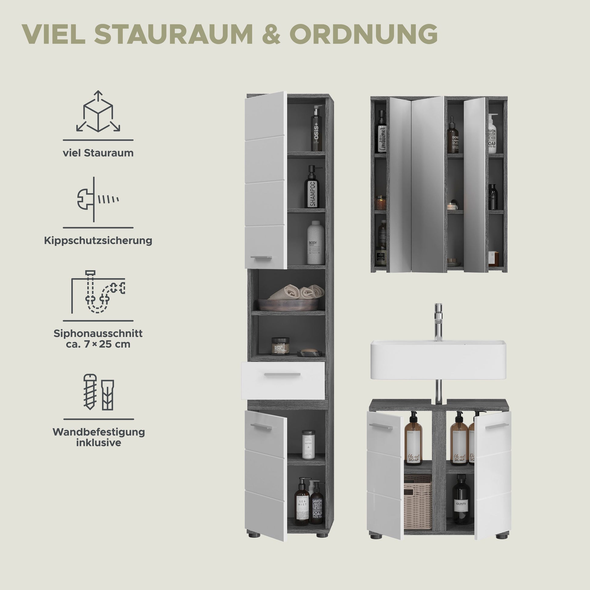Badmöbel-Set: Hochschrank und Waschtisch mit Becken, Fronten in Weiß, graue Details