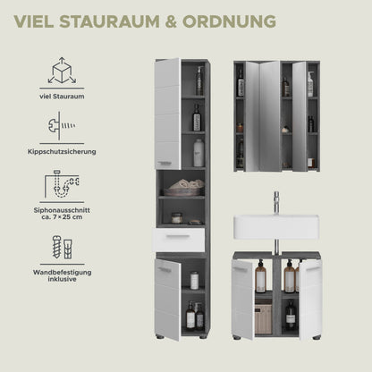 Badmöbel-Set: Hochschrank und Waschtisch mit Becken, Fronten in Weiß, graue Details