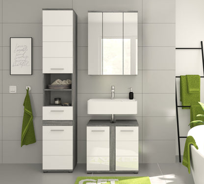 Badmöbel-Set aus Spiegel, Waschtisch-Unterschrank und Hochschrank mit Fächern, Weiß