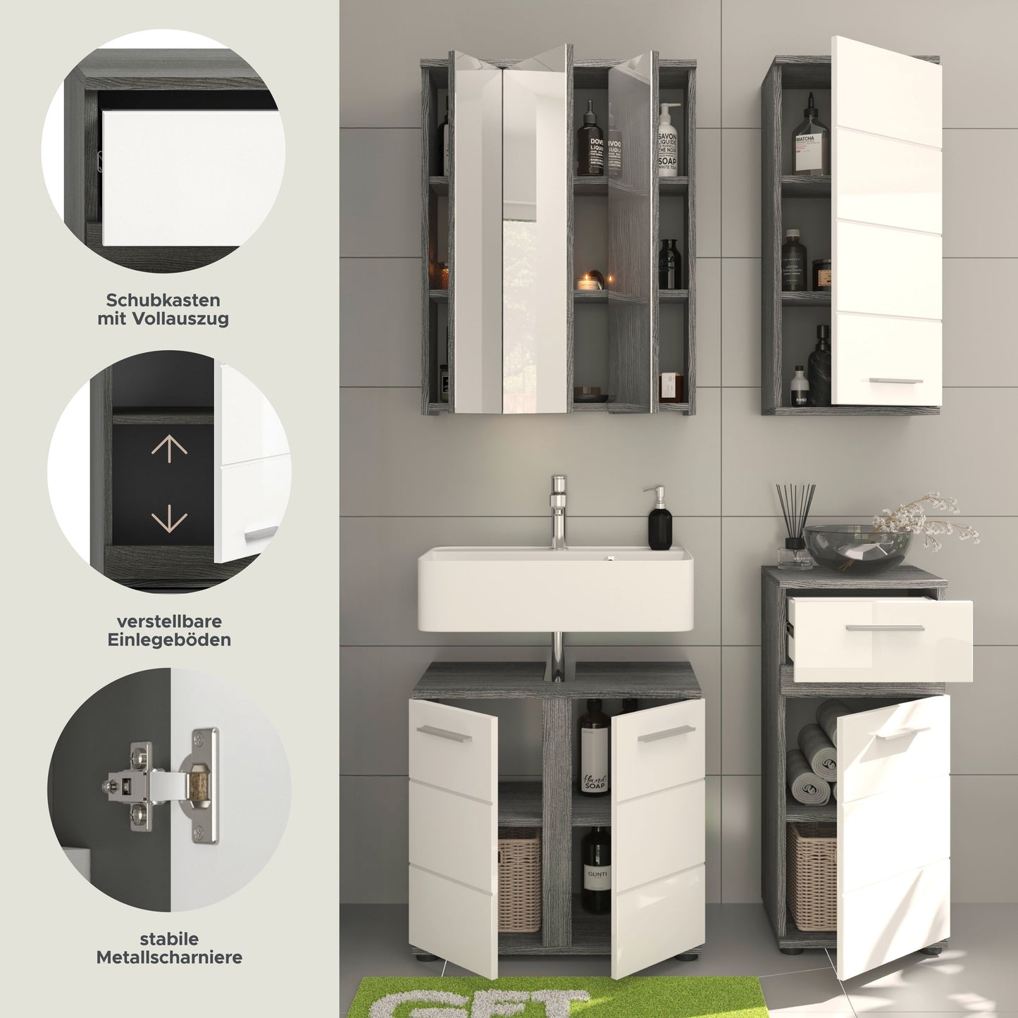Badmöbel-Set mit Spiegelschrank, Waschtischunterschrank und Hochschrank, Hochglanzfronten