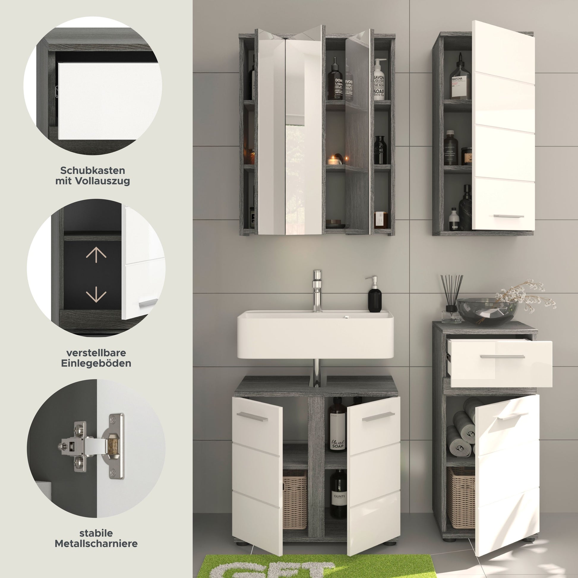 Badmöbel-Set mit Spiegelschrank, Waschtischunterschrank und Hochschrank, Hochglanzfronten