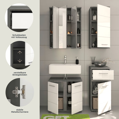 Badmöbel-Set mit Spiegelschrank, Waschtischunterschrank und Hochschrank, Hochglanzfronten