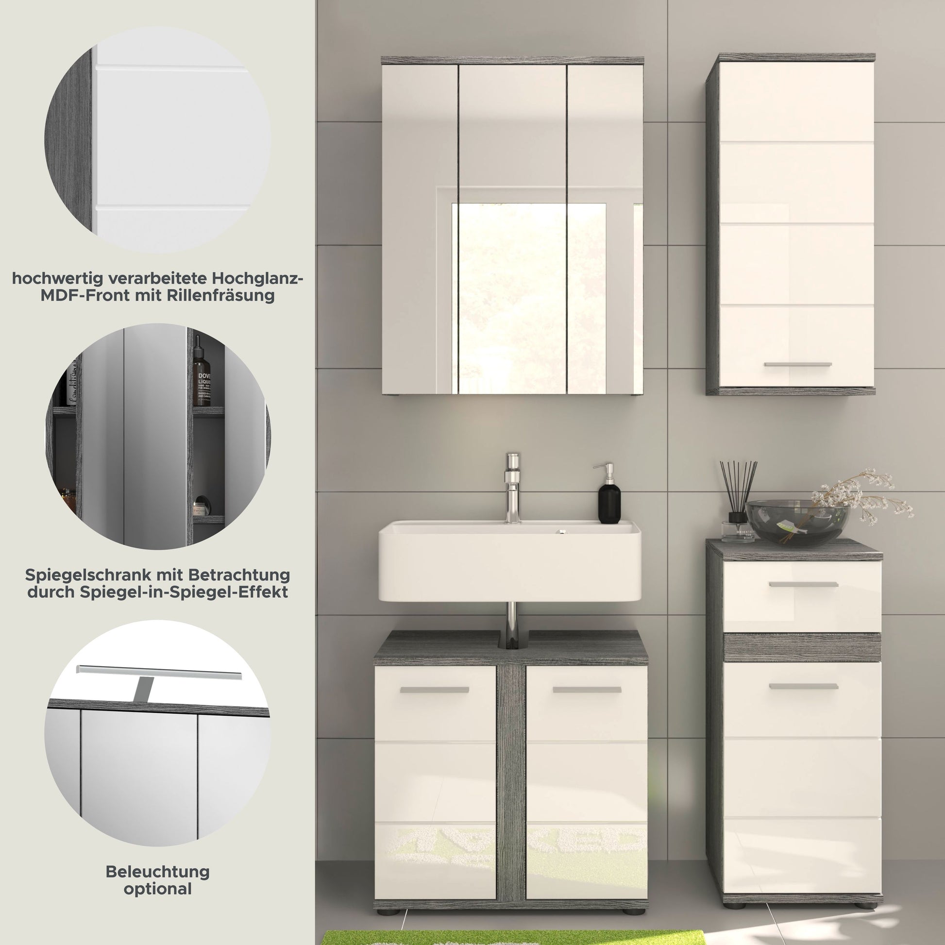 Badmöbel-Set mit Spiegelwandspiegelschrank, Waschtischunterschrank und Schubladenschrank