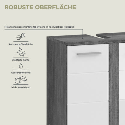 Schubladenschrank mit weißer Hochglanzfront und Holzdekor-Oberseite, Griffleiste