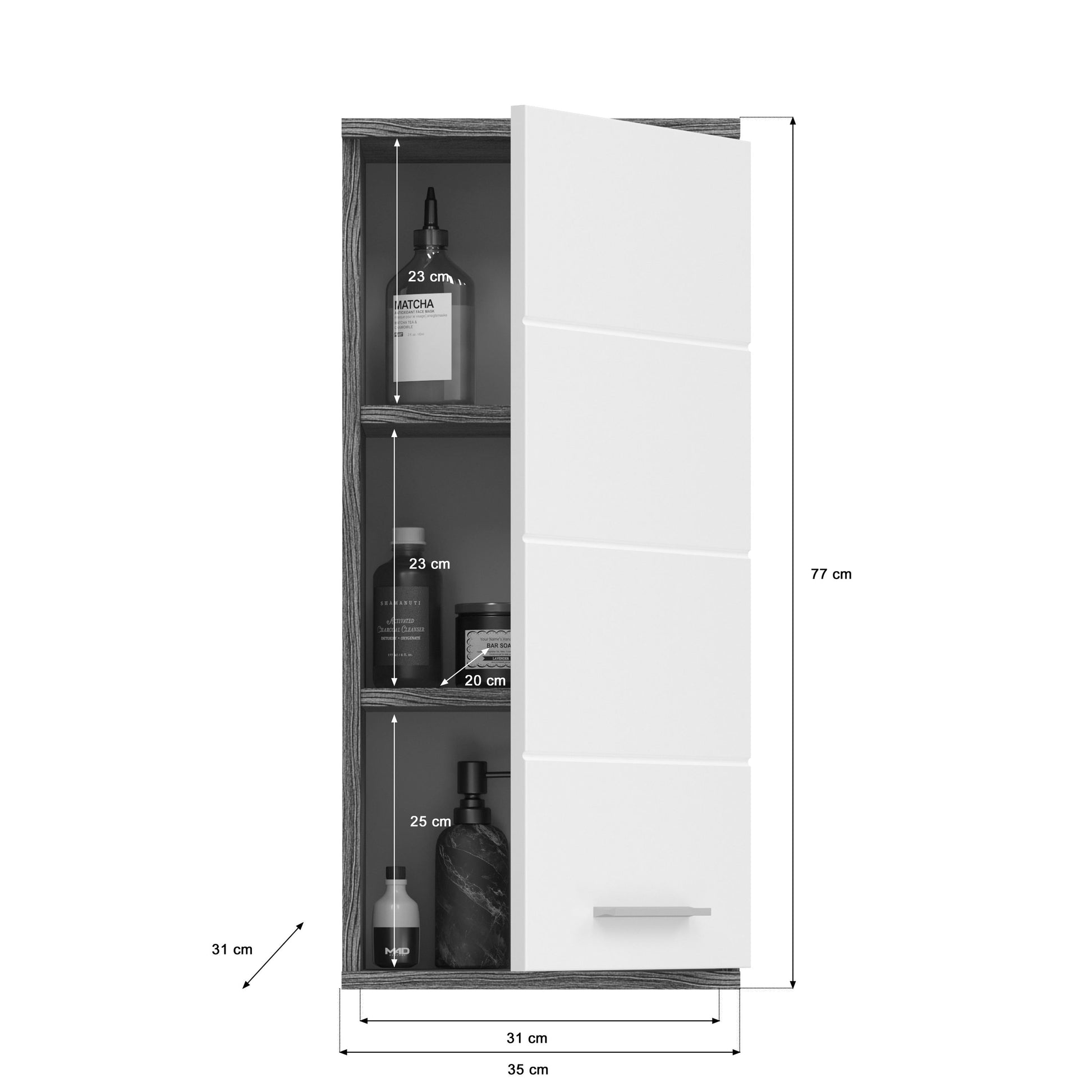 Hochschrank geöffnet mit Regalböden, weißes Frontteil mit Holzdekor, Seitenmaß