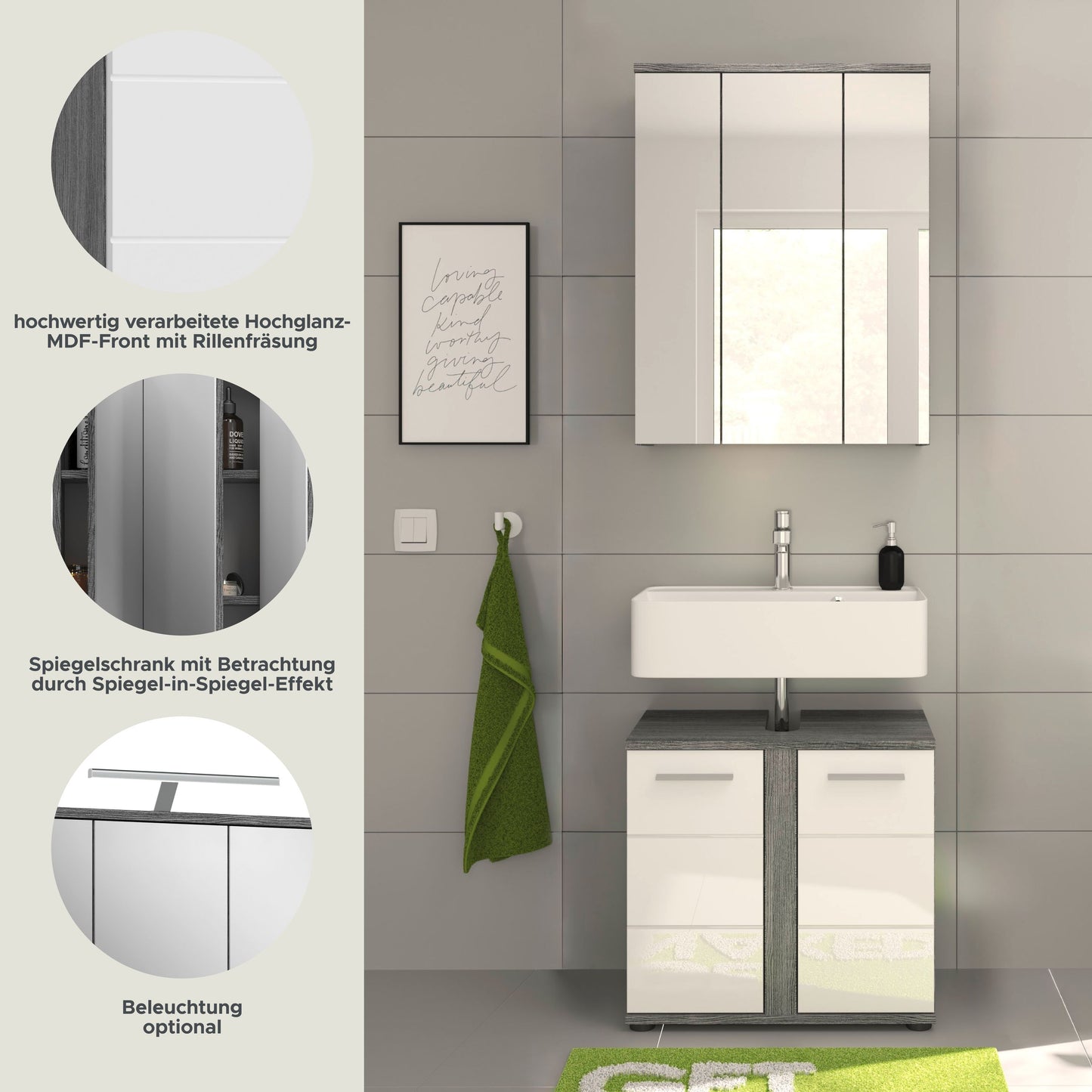 Badezimmerset von Homes & Jones im Bad: Spiegeloberschrank und Waschtischunterschrank, Hochglanz