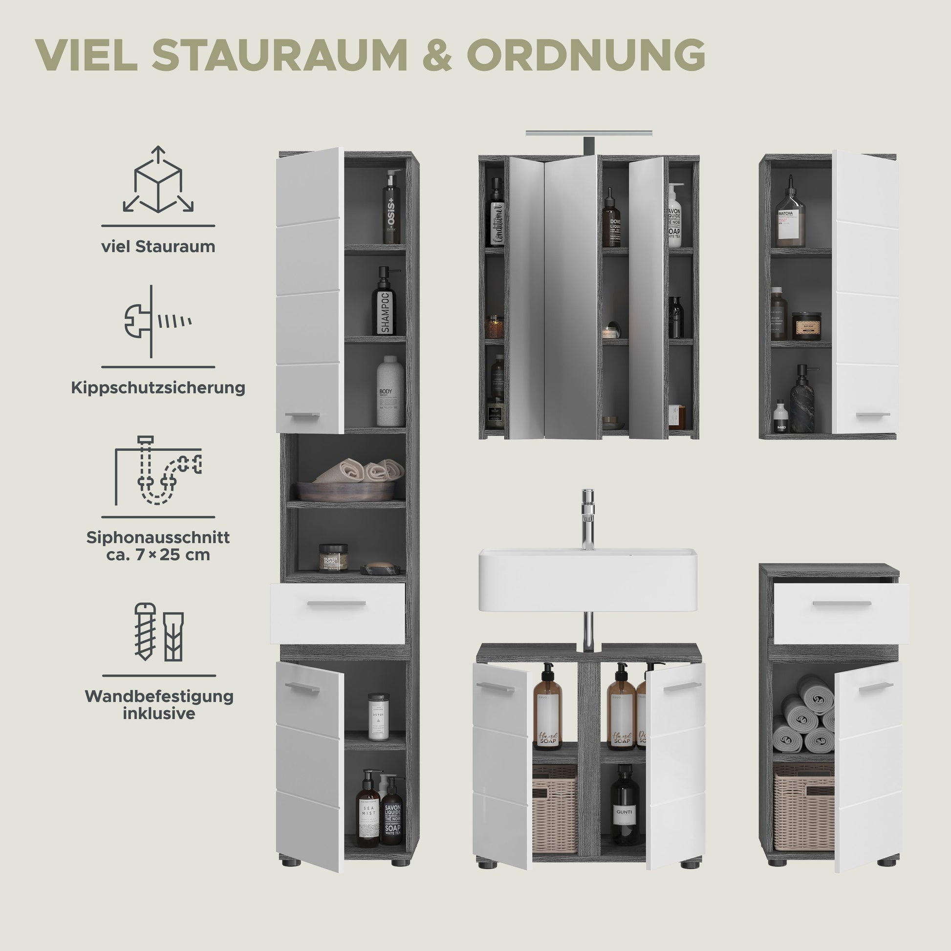 Badmöbel-Set mit Details zu Stauraum und Ordnung: Schränke und Waschtisch in Weiß-Grau