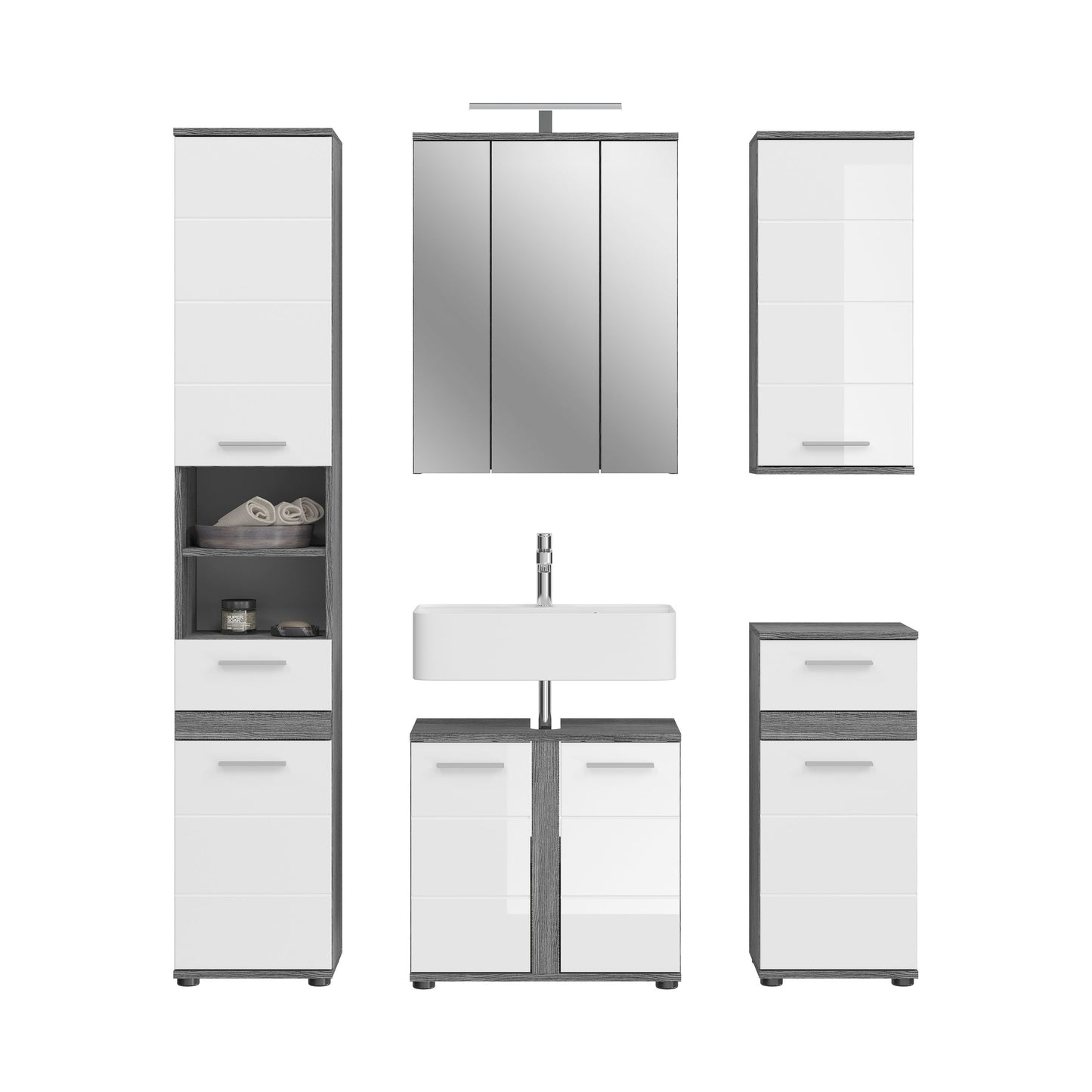 Badmöbel-Set 5-teilig: Waschtisch mit Mittelunterschrank, Hochschränke und Spiegelschrank