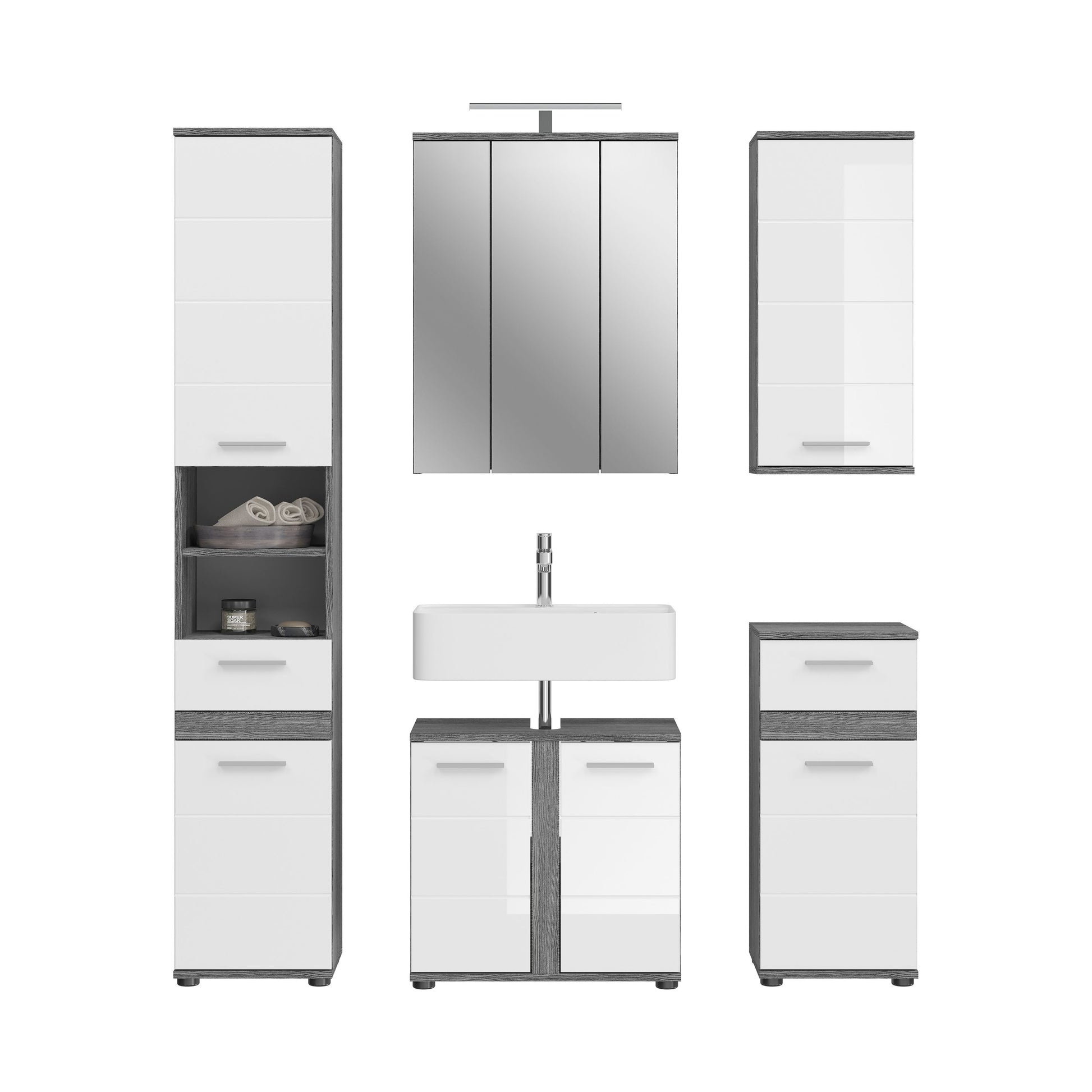 Badmöbel-Set 5-teilig: Waschtisch mit Mittelunterschrank, Hochschränke und Spiegelschrank