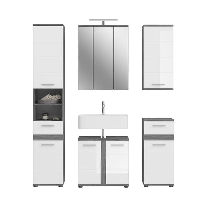 Badmöbel-Set 5-teilig: Waschtisch mit Mittelunterschrank, Hochschränke und Spiegelschrank